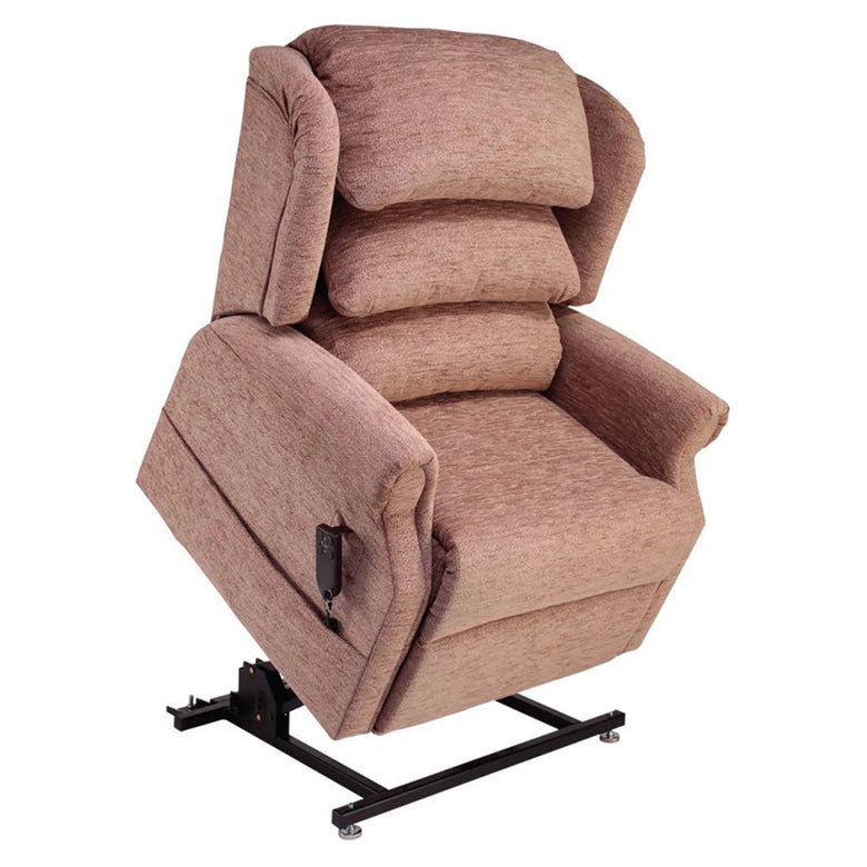 A pinky beige rise and recline chair in the standing position.