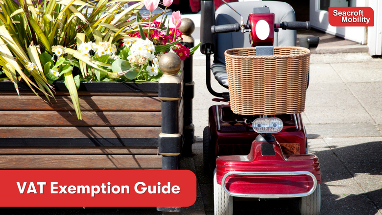 A red mobility scooter with a basket is parked next to a raised flower bed in the street. There is a text overlay reading 'VAT Exemption Guide'.